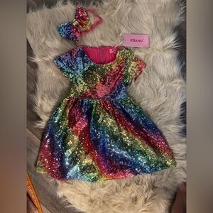 Rainbow Colorful Sequin Kids Costume Dress 2T with matching bow